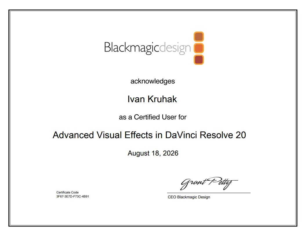 Advanced Visual Effects in DaVinci Resolve 20 - certifikat