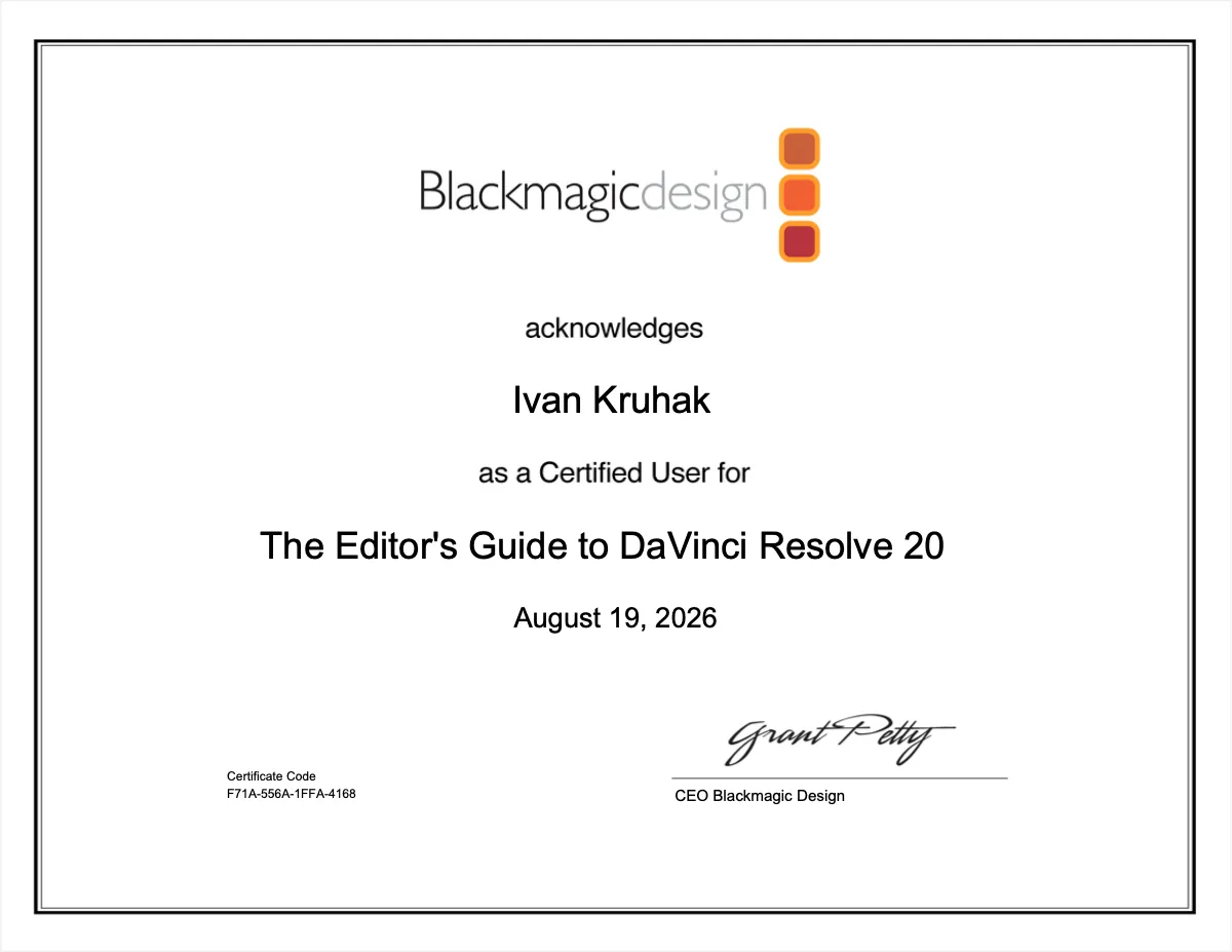 The Editor's Guide to DaVinci Resolve 20 - certifikat
